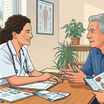 Illustration de style bande dessinée montrant une femme médecin et un patient âgé discutant dans un cabinet de consultation. La médecin, aux cheveux bouclés, porte une blouse blanche et un stéthoscope. Le patient, aux cheveux gris, est en chemise bleue et gesticule en parlant. Ils sont assis de part et d'autre d'un bureau en bois sur lequel sont posés des papiers et une brochure médicale avec des icônes (un cœur, une pilule, une balance). L'arrière-plan présente une fenêtre avec vue sur des immeubles parisiens, une bibliothèque et un poster anatomique.