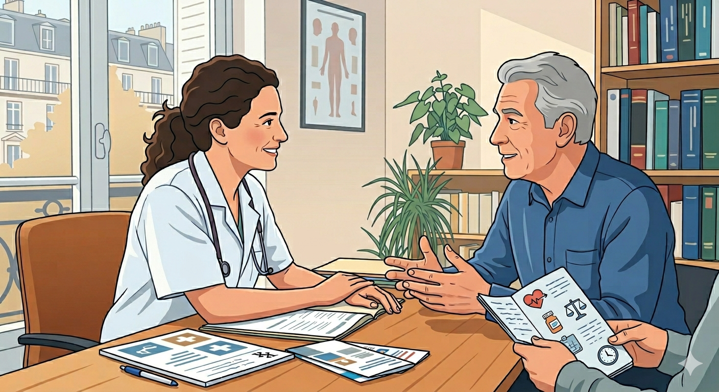 Illustration de style bande dessinée montrant une femme médecin et un patient âgé discutant dans un cabinet de consultation. La médecin, aux cheveux bouclés, porte une blouse blanche et un stéthoscope. Le patient, aux cheveux gris, est en chemise bleue et gesticule en parlant. Ils sont assis de part et d'autre d'un bureau en bois sur lequel sont posés des papiers et une brochure médicale avec des icônes (un cœur, une pilule, une balance). L'arrière-plan présente une fenêtre avec vue sur des immeubles parisiens, une bibliothèque et un poster anatomique.
